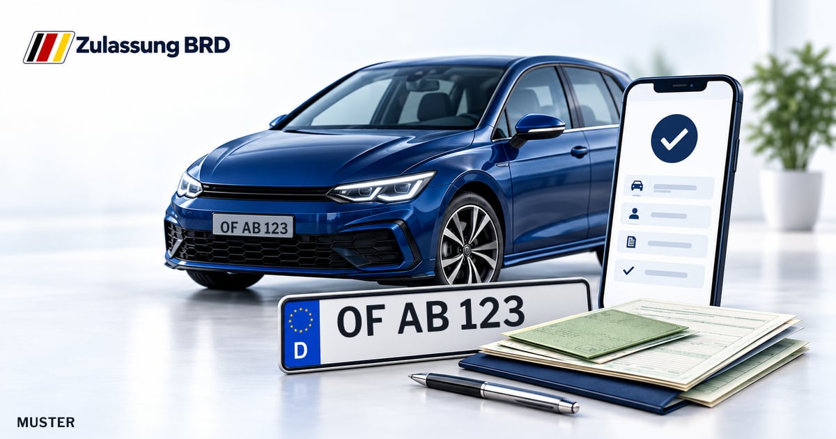Online Fahrzeugzulassung in Rödermark: Musterkennzeichen OF AB 123, Auto und Fahrzeugpapiere und Smartphone. Illustration mit Logo von Zulassung BRD.